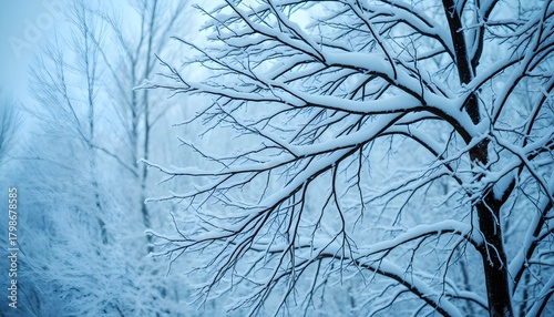 Snow-covered tree branches in a winter landscape, creating a serene and cold atmosphere with a blurred background.