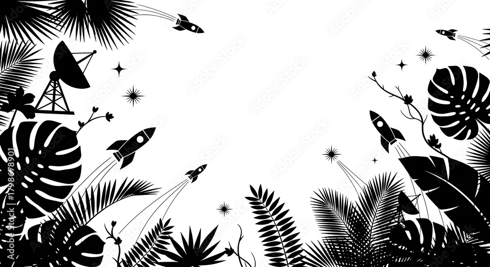 Fototapeta premium Retro Space Exploration with Tropical Plants and Rockets.