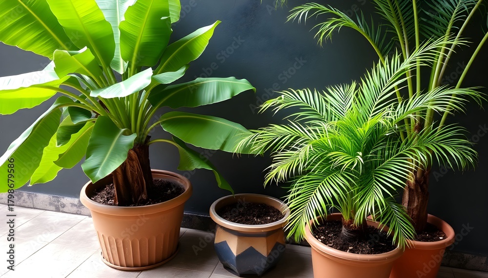 Fototapeta premium Three potted plants, a bird's nest fern and two palm trees, sit against a dark wall.