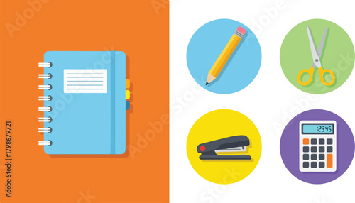 School Supplies and Stationery Items Notebook, Pencil, Scissors, Stapler, and Calculator