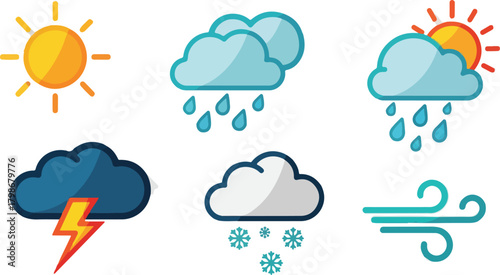 Collection of Weather Icons Representing Sunny, Rainy, Snowy, Stormy, and Windy Conditions