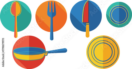 Collection of kitchenware and dining utensils, including a frying pan, plates, fork, spoon, and knife, in a flat design style