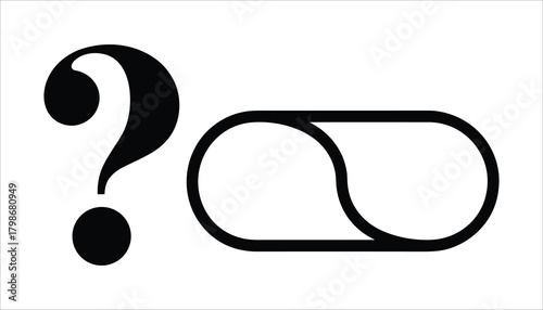 Black question mark symbol next to a pill shape outline on a white background punctuation query