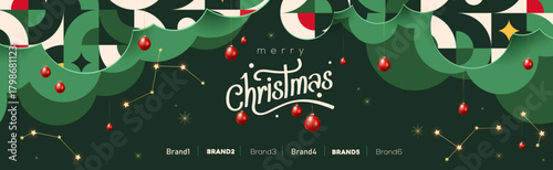 Christmas background with banner design, typography, hanging balls, golden stars, festive pattern, modern layout, holiday theme, celebration graphics, printable poster, xmas decoration.