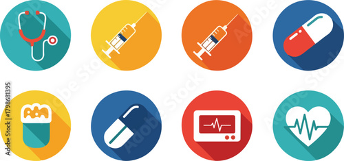 Set of Flat Design Medical and Healthcare Icons with Long Shadows, depicting essential hospital equipment, diagnosis tools, and pharmaceutical elements for web and mobile interfaces