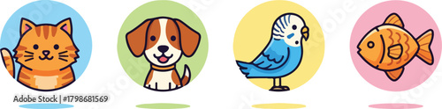 Cute Pet Icons Cat, Dog, Bird, and Fish Illustrations for Animal Lovers and Design Projects
