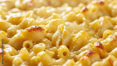 Closeup of creamy baked macaroni and cheese with golden brown crust