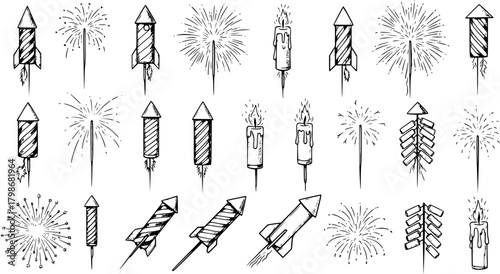 Festive Hand-Drawn Fireworks and Firecrackers Set. Sketchy collection of rockets, sparklers, candles, and firecracker strings, ideal for celebrations and holidays.