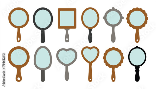 Collection of twelve hand mirrors in various shapes and colors with light blue reflective surfaces reflection