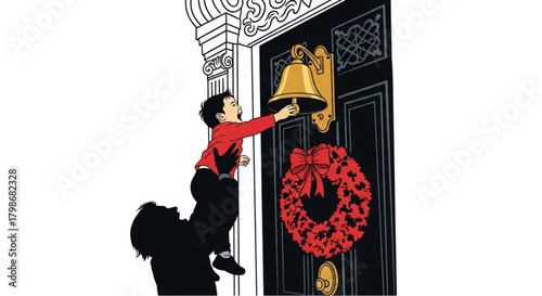 A child is lifted up by a parent to ring a large golden bell on a festive front door.