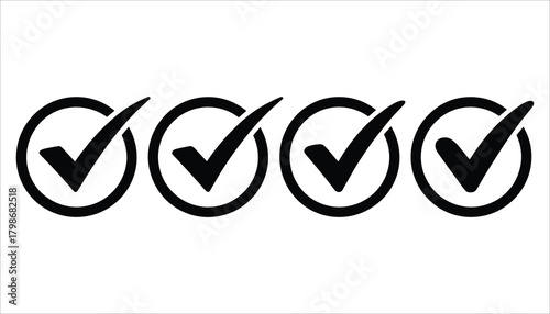 Four black checkmarks inside circles on a white background check mark tick