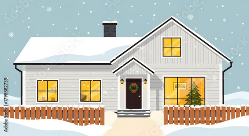 Winter wonderland home illustration with Christmas tree glowing warmly, perfect for holiday greetings and seasonal designs, evokes cozy winter vibes