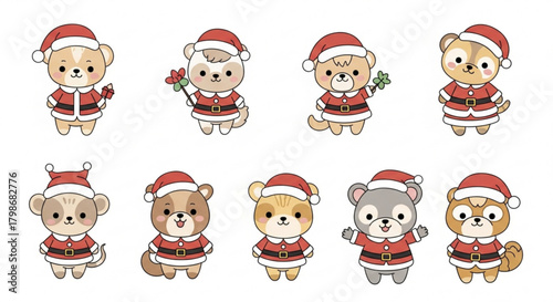 Festive cartoon animals spreading holiday cheer in Santa suits, perfect for Christmas cards, social media, and children's holiday projects