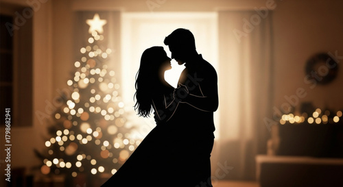 Intimate silhouette of a romantic couple dancing closely together.