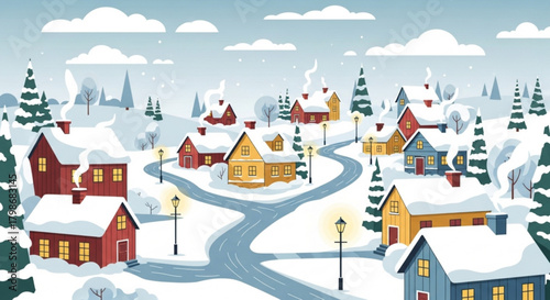 Charming winter village scene with snow-covered houses, creating a cozy, festive mood perfect for holiday greetings and seasonal promotions, originally vector art