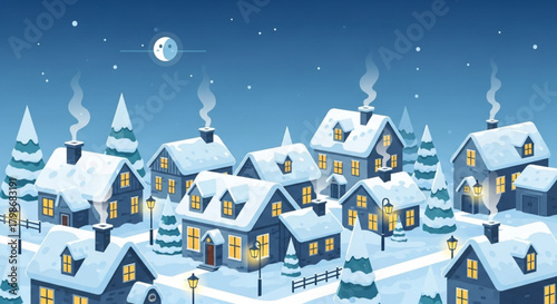 Charming winter village scene with snow-covered houses and glowing windows, evokes a cozy, festive feeling for holiday cards and seasonal designs