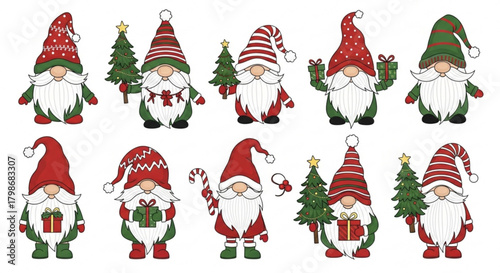 Festive Christmas gnomes holding gifts and trees bring holiday cheer and whimsical charm to seasonal designs and craft projects originally created as vector