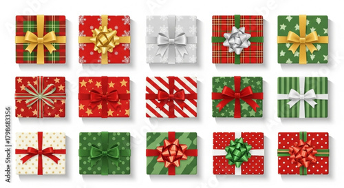 Festive gift boxes with vibrant ribbons and patterns, a celebration of holiday cheer and giving, perfect for Christmas promotions and seasonal marketing
