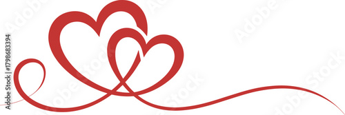 Two intertwined red hearts forming a continuous ribbon on a white background love romance
