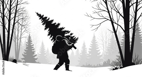 Silhouette of a person carrying a freshly cut Christmas tree on their shoulder.