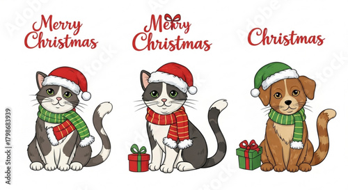Adorable Christmas pets wearing Santa hats and scarves ready to celebrate the holiday season with gifts, vector design for seasonal cards and decorations