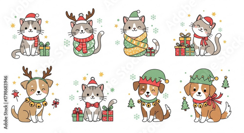 Adorable holiday pets! Festive cats and dogs wearing Christmas hats and reindeer antlers surrounded by presents bring joyful holiday cheer and festive fun