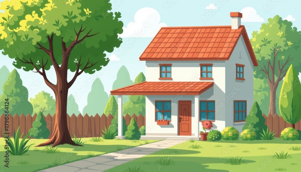 custom made wallpaper toronto digitaldeal investment home green concept. Charming illustration of a cozy house surrounded by greenery.