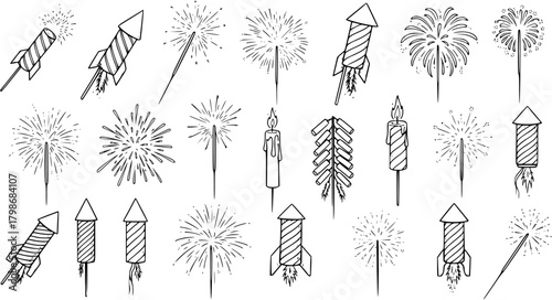 Hand-drawn sketch set of various fireworks, firecrackers, rockets, sparklers, and candles for festive celebrations and events.