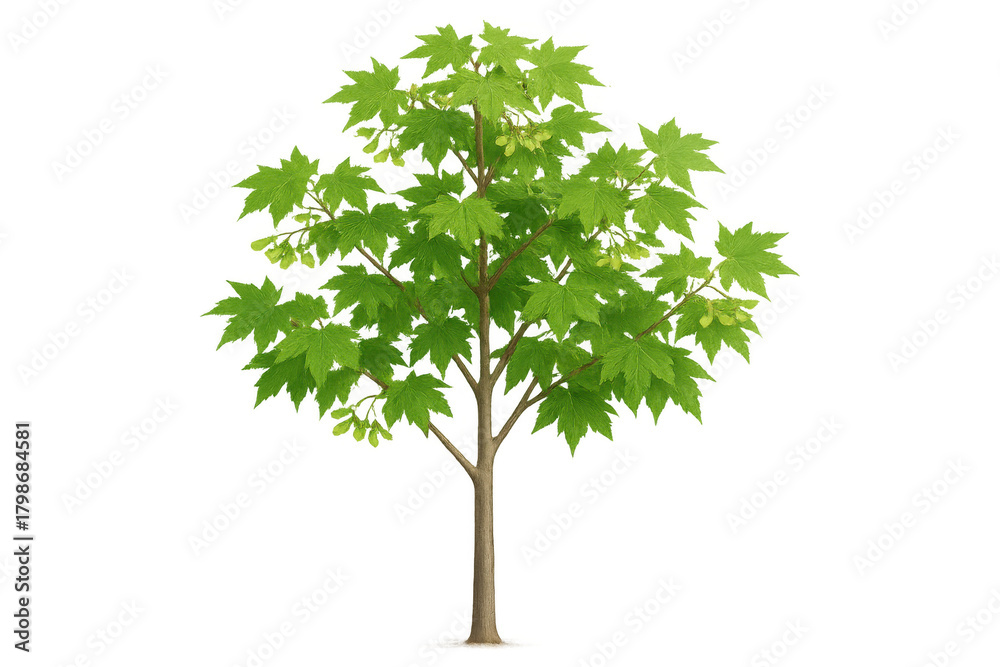 Fototapeta premium Green maple tree with fresh leaves and samaras, growing in spring, isolated on transparent background