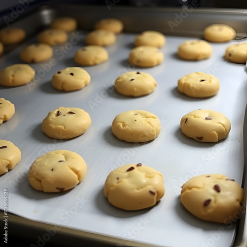 A baking sheet lined with cookies, ready to go in the oven. Job ID: 5f712d6c-7f6f-4299-a983-508a9463549b