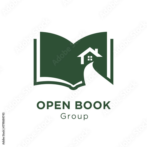 Open Book with House and Path Logo for Real Estate or Education.