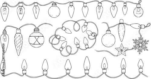 Detailed Hand-Drawn Christmas Lights Set: Holiday Garland, Assorted Bulb Shapes, Snowflake  Star Decorations. Black  White Outline Sketch Vector Illustration.