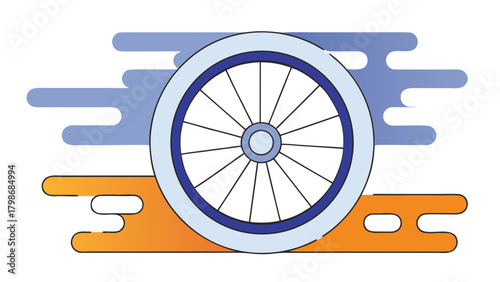 Illustration of a bicycle wheel with spokes and blue and orange abstract shapes on a white background on transparent background silhouette