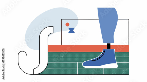 Illustrated scene featuring a prosthetic leg with a blue shoe standing on a green surface design on transparent background silhouette