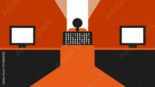 A stick figure sits at a desk with two computer monitors in an orange and black colored room space on transparent background silhouette