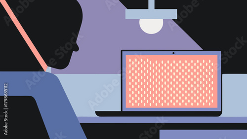 Person is working on a laptop under a lamp with a patterned screen in a dark room with a desk and chair on transparent background silhouette
