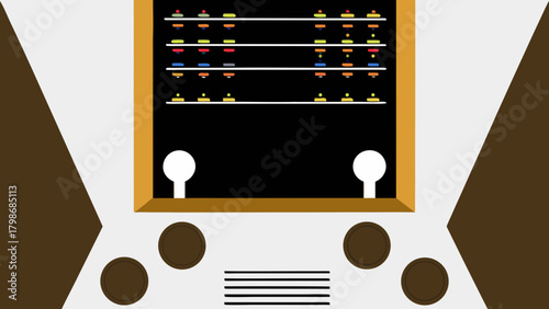 Retro game console with colorful blocks and white knobs on a white and brown background design art on transparent background silhouette