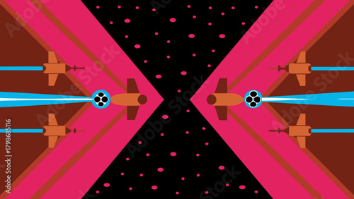 Spaceships firing lasers in a symmetrical pattern against a starry background in pink and black tones on transparent background silhouette