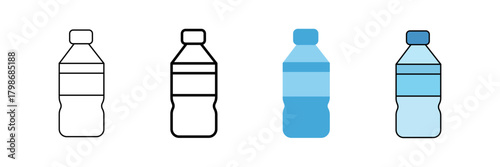 Set of minimalist water bottle icons with transparent background, depicting hydration symbols for healthy lifestyle apps, fitness interfaces, and beverage packaging designs, vector illustration