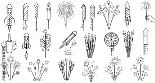 Hand-drawn Doodle Sketch Set of Various Fireworks, Rockets, Sparklers, and Firecracker Elements for Celebration, New Year, and Festivals