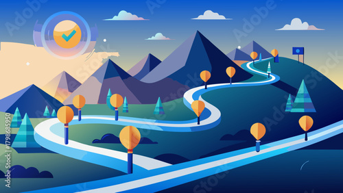 Illustration of winding road through mountainous landscape