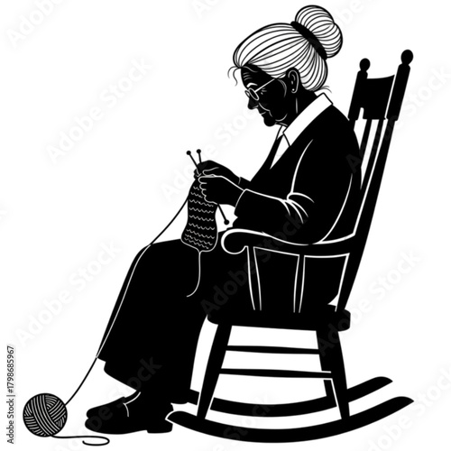 Elderly woman knitting in a rocking chair black and white silhouette.
