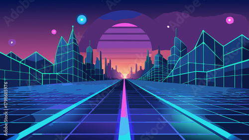 Retro cityscape with grid road and sunset background