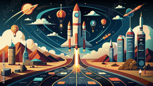 Rocket launch and futuristic cityscape in desert scene