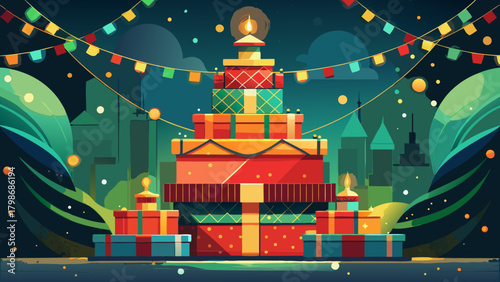 A christmas tree made of gifts in a city background