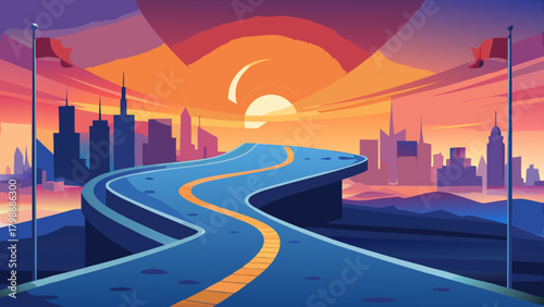 Illustration of a road leading to a city at sunset