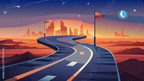 A winding road leading to a distant city at sunset