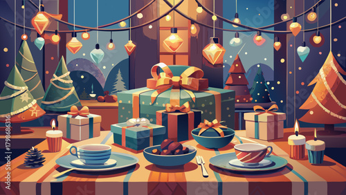 Festive christmas table with presents and decorations