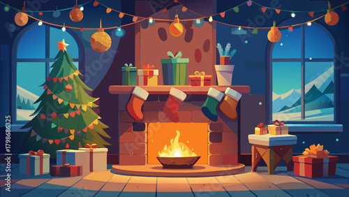 Festive christmas scene with tree and fireplace gifts