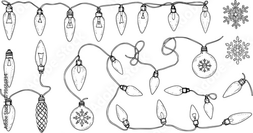 Hand-drawn Christmas Lights Garlands, Individual Bulbs, and Snowflakes - Festive Monochrome Vector Sketch Elements for Holiday Design